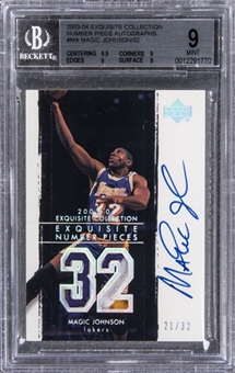 2003-04 UD "Exquisite Collection" Number Piece Autographs #MA Magic Johnson Signed Game Used Patch Card (#21/32) – BGS MINT 9/BGS 10